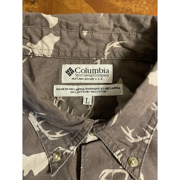 Columbia Hunting Lodge Mens Sz Large Button Down Shirt Overall Deer Print Brown - Picture 3 of 10
